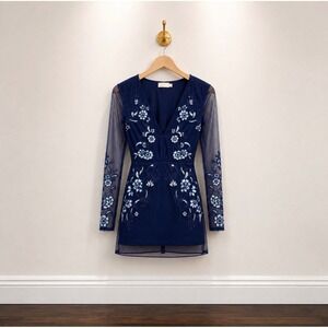 T.J.D. Navy Blue Floral Embroidered Mesh Mini Dress Long Sleeve V-Neck Size S